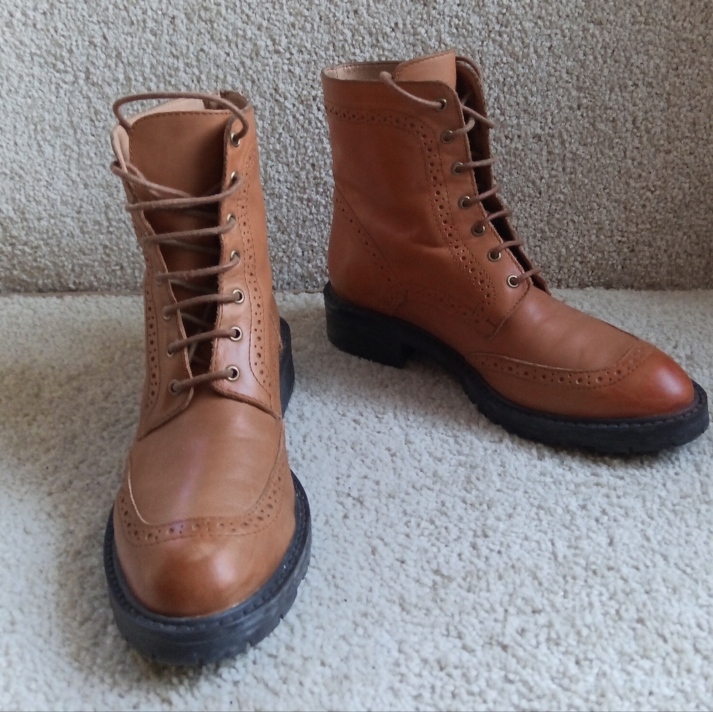 Like New Zara Women's Tan Leather Lace Up Ankle Boots - Picture 9 of 12